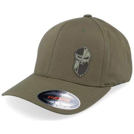Army Head - Vihreä flexfit Lippis - Bearded Army Skull Wooly Combed Olive Flexfit @ Hatstore
