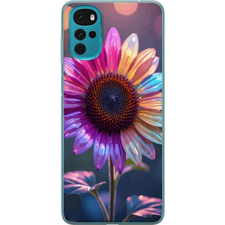 Kompatibelt Mobildeksel til Motorola Moto G22 Irideserende blomst med glitrende kronblad i rosa lilla og gull mot myk bokeh bakgrunn