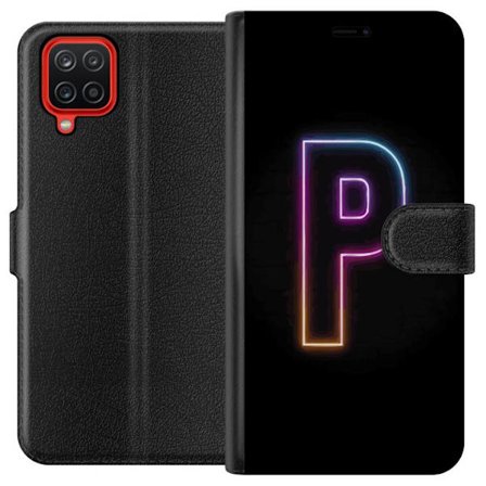 Kompatibel Tegnebogsetui til Samsung Samsung Galaxy A12 Minimalistisk neonbogstav P i farvegradient og lyseffekt mod sort baggrund i digital neonstil