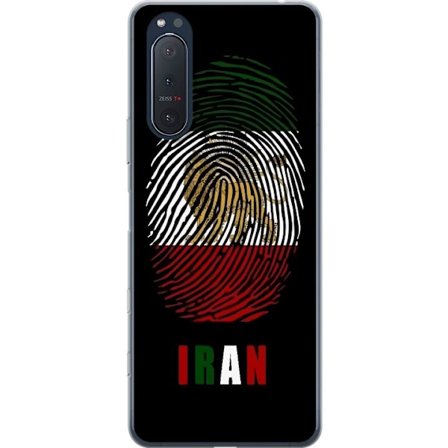 Kompatibel Mobilcover til Sony Xperia 5 II Fingeraftryksformat som Irans flag med løvemotiv på sort dramatisk baggrund
