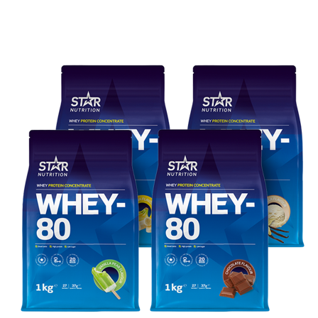 Star Nutrition Mix&Match: 4 x Whey-80 Valleprotein 1 kg - Bodyman.dk