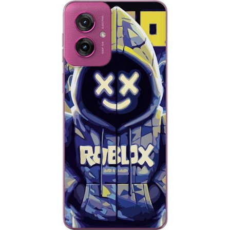 Kompatibelt Mobildeksel til Motorola Motorola Moto G55 Blågul Roblox hettegenserfigur med minimalistisk neonstil og masket ansikt, moderne spillillus