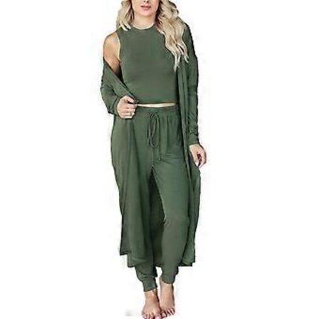 3-delt pysjamassett for kvinner, høst- og vinterhjemmeantrekk, 3-delt loungewear-sett, vest, bukser, cardigan (L OD grønn)