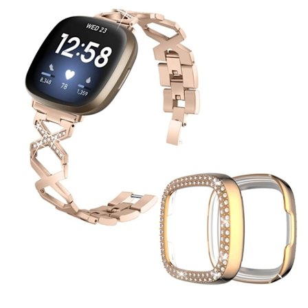 Fitbit Sense / Versa 3 X-formad med strassdekorerat klockarmband med roséguldskal - Guld