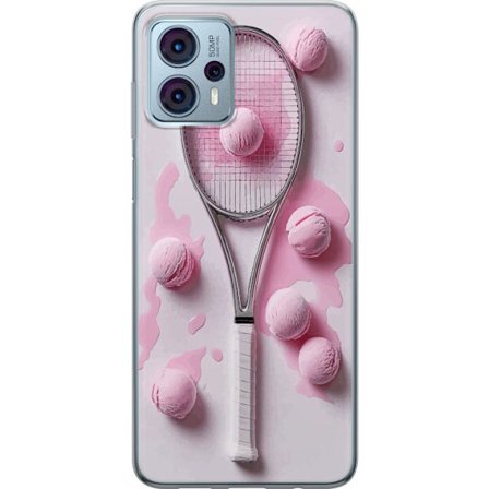 Kompatibel Mobilcover til Motorola Motorola Moto G23 Rosa glaskugler og tennisketsjer i et kreativt stillbillede med legende popfølelse og moderne de