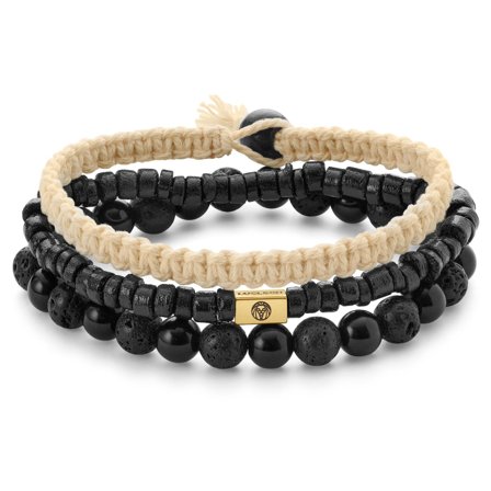 Black & Beige Lava Rock, Onyx, Coconut, and Gold-Tone Steel Bracelet Set for Men - Beaded bracelets