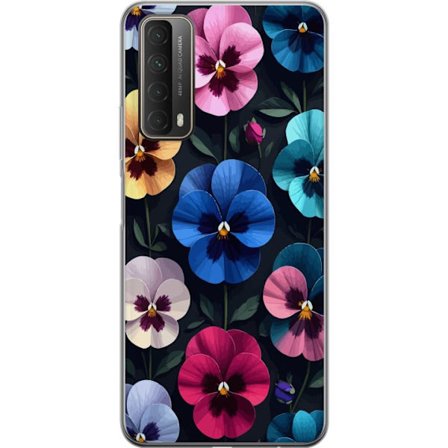 Kompatibel Mobilcover til Huawei P smart 2021 Dekorativt blomstermønster med farverige pensé-lignende blomster og mørk elegant baggrund