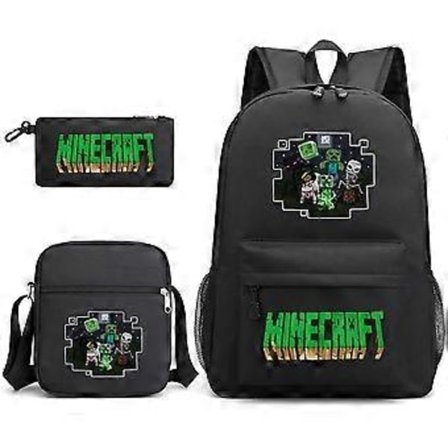 Minecraft Skolesekk Ryggsekk Blyantveske Skulderveske Tredelt Sett _12