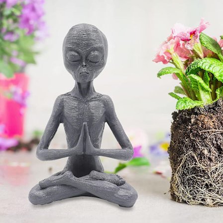 Mediterende romvesen skulptur hage statue, romvesen meditasjon harpiks ornament, UFO utendørs innendørs hage dekorasjon, meditasjon romvesen figurer