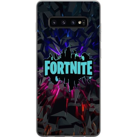 Kompatibelt Mobildeksel til Samsung Samsung Galaxy S10 Fortnite-logo - Svart bakgrunn med blå neon og fargede lys