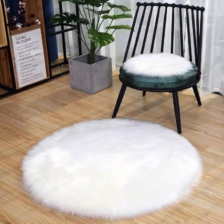 Faux päls fårskinn stil matta, Faux fleece stolsskydd sittdyna mjuk fluffig lurvig mattor för sovrum soffa golv (Rund vit, 60 x 60 cm)