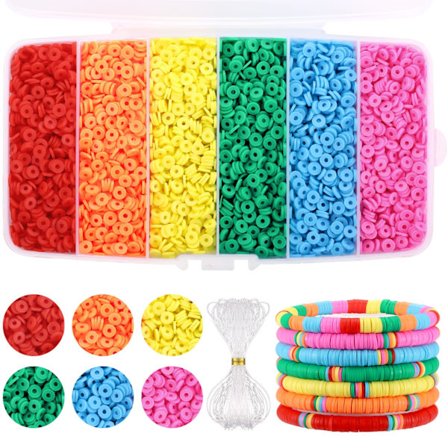 6000 stk. flade lerperler til armbånd, regnbuefarve, flade lerperler, Heishi-perler polymers lerperlesæt til smykkefremstilling (6 mm)