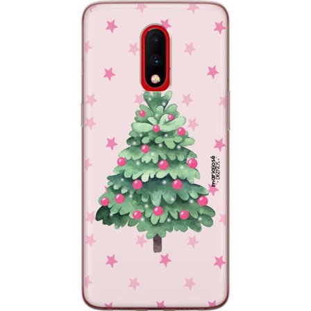 OnePlus 7 Gennemsigtig cover Rosa juletræ i akvarel med stjerner og kugler, et sødt vinterinspireret julemotiv perfekt til sæsonens dekoration og e