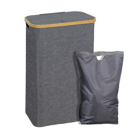 Tvättkorg med Lock 48-Liter Stor med Tvättsäck Hopfällbara Tvättkorgar med Handtag Bambu Tvättkorg Mörkgrå