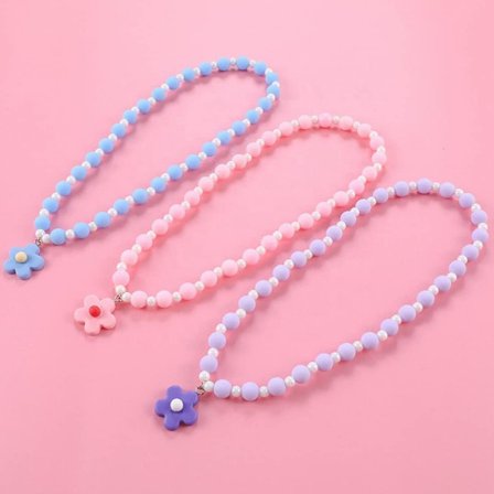 3 stk barnekjede, halskjede med blomsteranheng i akryl, fargerikt perlekjede i plast