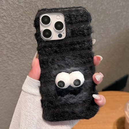 Fluffigt Bakskal till iPhone 15 Pro - Googly Eyes / Svart