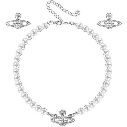 3-delat Saturnus Konstgjord Strass Pärlhalsband Set Vita Kristall Smycken Dam