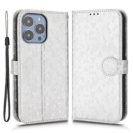 PU-læderpung etui med stativ og prikmønster til iPhone 15, stødsikker beskyttelse