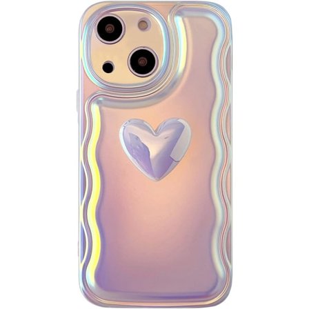 IC til iPhone 14 cover 6,1 tommer sød 3D kærlighedsbølge ramme blød TPU glitter laser flerfarvet flash cover til iPhone 14 pige pige lilla
