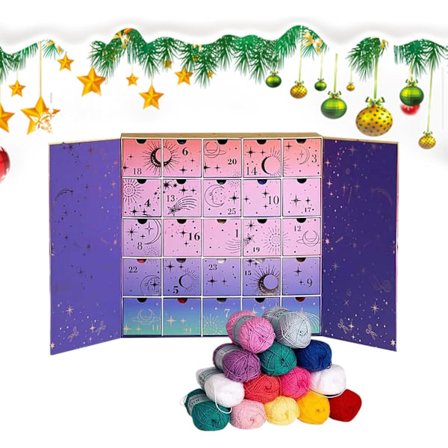Hæklet Julekalender 2025, 25 dages nedtællingslegetøj, med garn og mønster, farverige garnnøgler, plys flettet tråd