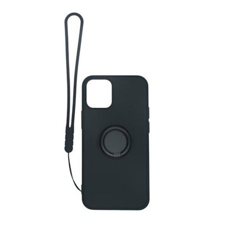 Apple iPhone 12 Mini Soft Liquid Silicone Case Black with Magnetic Ring Holder Stand and Slim Hands Strap High Quality