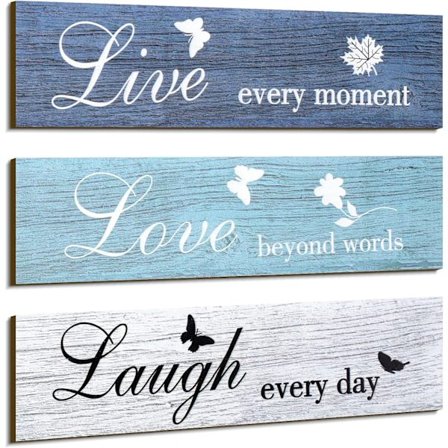 3 stk. rustikke træskilte vægdekoration Lev Elsk og Grin citater Bondegård vægmonteret dekoration
