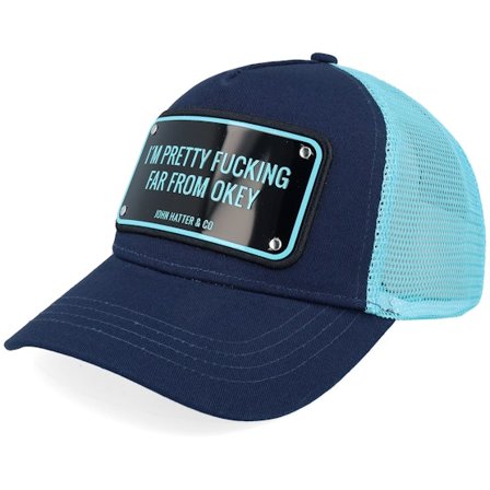 John Hatter & Co - Sininen trucker Lippis - I ́m Pretty Fucking Far From Okey Aluminium Plate Blue A-Frame Trucker @ Hatstore