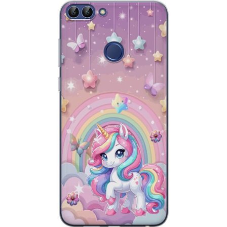Kompatibel Mobilcover til Huawei P smart Magisk enhjørning med regnbue manke, stjerner og sommerfugle mod en pastelfarvet himmel med skyer
