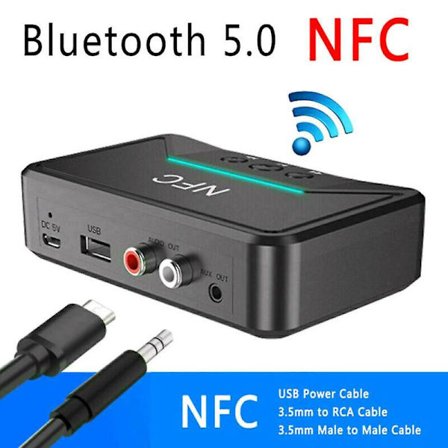 Trådløs Bluetooth 5.0 Receiver 3.5mm Jack AUX NFC til 2 RCA Audio Stereo Adapter