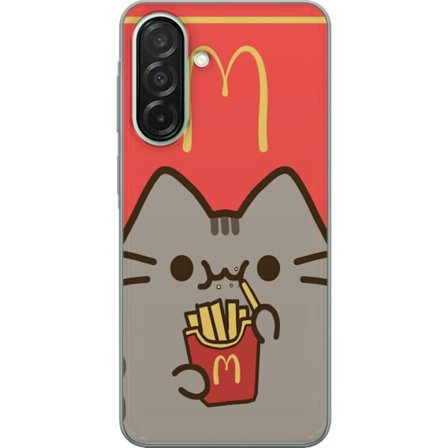 Kompatibelt Mobildeksel til Samsung Galaxy A26 Pusheen-katt som spiser McDonald's-inspirerte pommes frites - søtt og humoristisk motiv i varm fargepal
