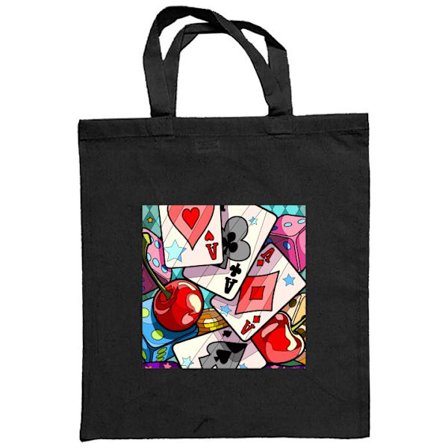 Stoffpose Lucky Hands spillkort terninger kirsebær og fargerik bakgrunn i popartstil retro casino design