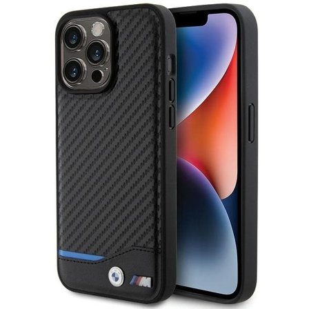 BMW Carbon-etui i læder til iPhone 15 Pro Max - sort