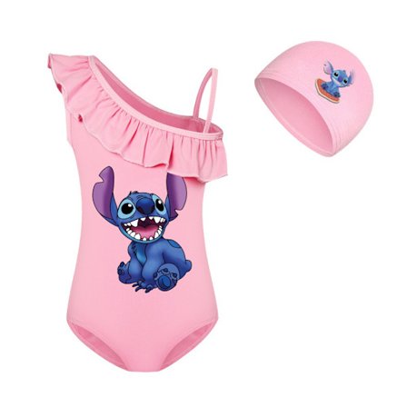 Lilo & Stitch Tryckt Barnflickor Monokini Baddräkt & Badmössa Kostym Surf Strandkläder Sommar En Delad