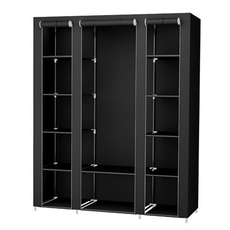 Bærbart klædeskab 175 x 150 x 45 cm - med bøjlestang og hylder i svart stof