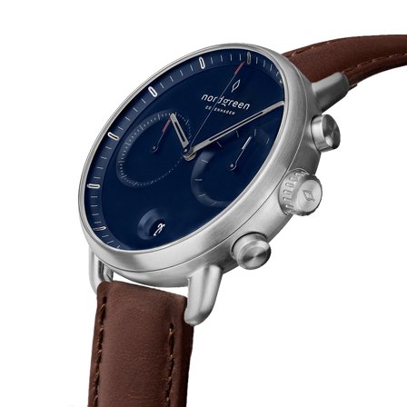 Nordgreen Men's Minimalistist Large Wrist Watch Watch - Silver Case - Navy Dial - Dark Brown Leather Watch Strap Pioneer White Dial Chronograph