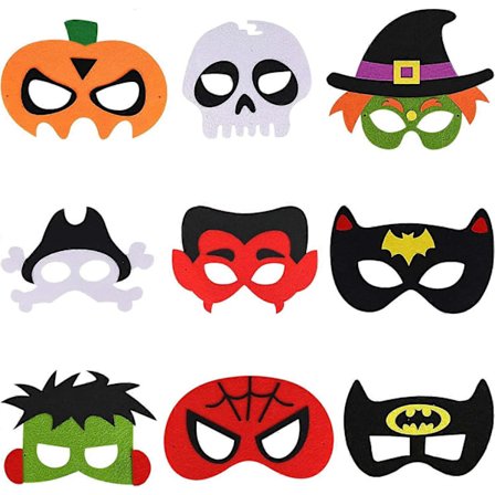 Superhelte Masker, 9 stk. Filt Spiderman Masker, Halloween Sort Kat Vampyr Græskar Hulk Heks Batman Pirat Kranie Masker