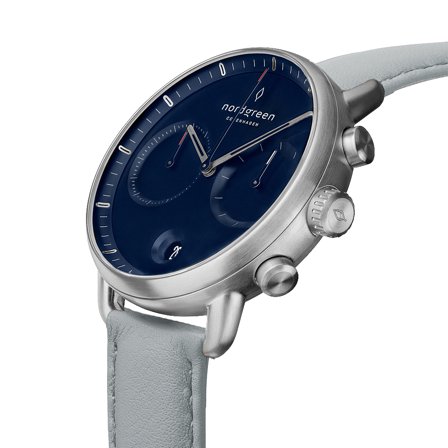 Nordgreen Men's Scandinavian Wrist Watch - Silver Case - Navy Dial - Grey Vegan Leather Watch Strap Pioneer White Dial Chronograph
