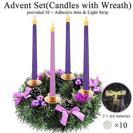 4~48 stk. LED Adventslys Sæt med 4 eller 5 Julelys Kegleformet Flammefrit Lys med Adventskrans Lilla Pink Hvid Kirke Flakkende