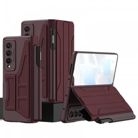 For Samsung Galaxy Z Fold 3 Etui Hengselbeskyttelse, med S Pen Holder, Luksus Lær Hybrid Hard PC Innebygd Glass Flip Kickstand Etui