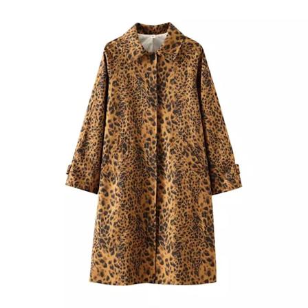 2024 Vår Nya Kvinnors Mode Leopard Skriv Ut Rock Långa Ärmar Dolda Buckle Lapel Overcoat Pocket Vintage Street Windbree Tillverkare MULTI S