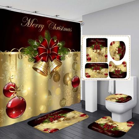 Christmas Bells Knot Shower Curtain Set Pedestal Rug Bath Mat