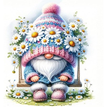 Diamond Painting & Diamantmaleri – 5D Fuld Drill DIY Kunst (30×30 cm), Gyngende Nisse med Prydplante