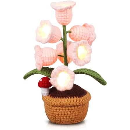 Hæklet Blomster med LED Lys, Kunstig Håndlavet Potteplante, Valentinsdag, Jubilæum, Fødselsdag, Romantisk Dekoration, Gave (Pink) A1