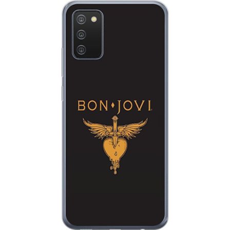 Kompatibelt Mobilskal till Samsung Samsung Galaxy A02s Ikonisk musikillustration med bevingat hjärta och dolk i guldtoner på mörk bakgrund, kraftfu