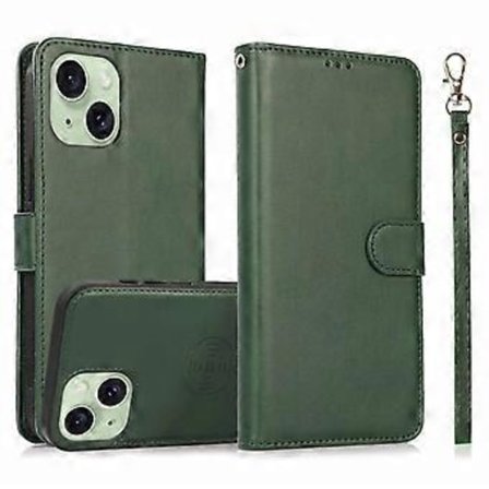 For iPhone 15 Plus PU Lær Lommebok Stativ Telefonveske Avtakbar 2-i-1 Telefondeksel (Stil F)