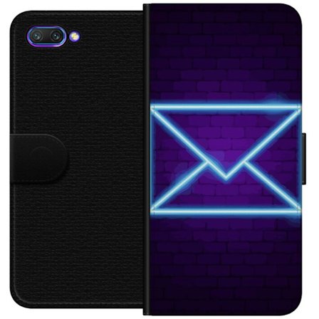 Yhteensopiva Lompakkokotelo Honor Honor 10 Neonilta illuustraatio kirjekuoresta sinisessä valossa lila tiiliseinää vasten, nykyaikainen symboli vie