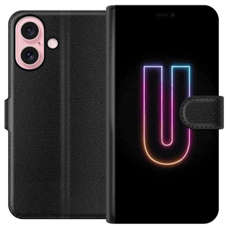 Kompatibelt Plånboksfodral till Apple Apple iPhone 16 Minimalistisk neonbokstav U i färgstark ljuseffekt mot svart bakgrund