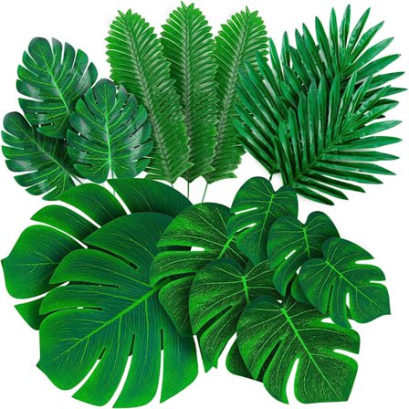 Palmeblader Kunstig Tropisk Monstera-84stk 6 Typer Store Små Grønne Falske Palmeblader med Stilker til Hawaiiansk Bryllup