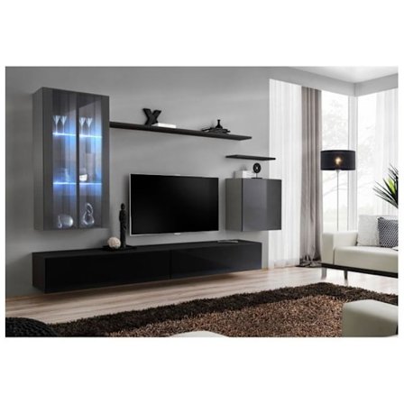 Vægsamling - Switch XII - 2 LED vitriner - 2 TV-bænke - 1 firkantet vitrine - 3 hylder - Sort og grafit - Model 1