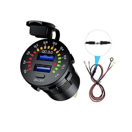 12v 24v Qc 3.0 Dobbel Usb Billader Vannbestandig 18w Usb-uttak Hurtiglading Med Led Voltmeter Av/på-bryter Strømkabel